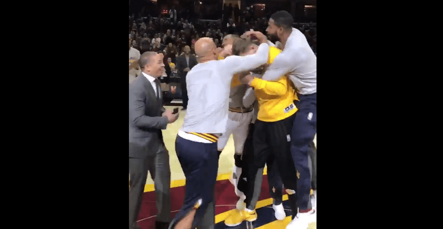 Video: Cavs mob Timofey Mozgov as he receives championship ring