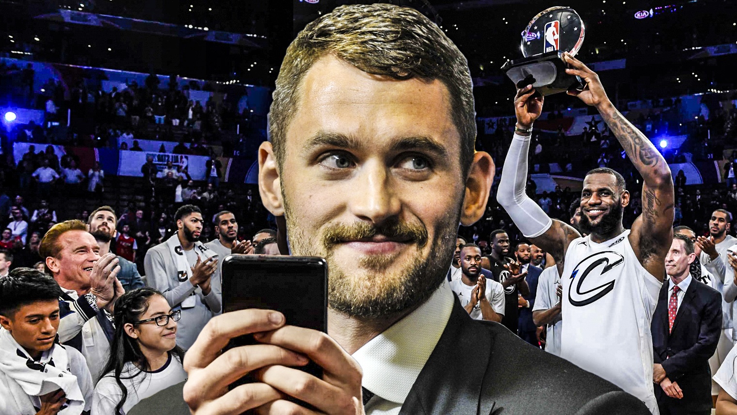 Kevin Love on his phone when Cavs&#8217; teammate LeBron James won All-Star Game MVP