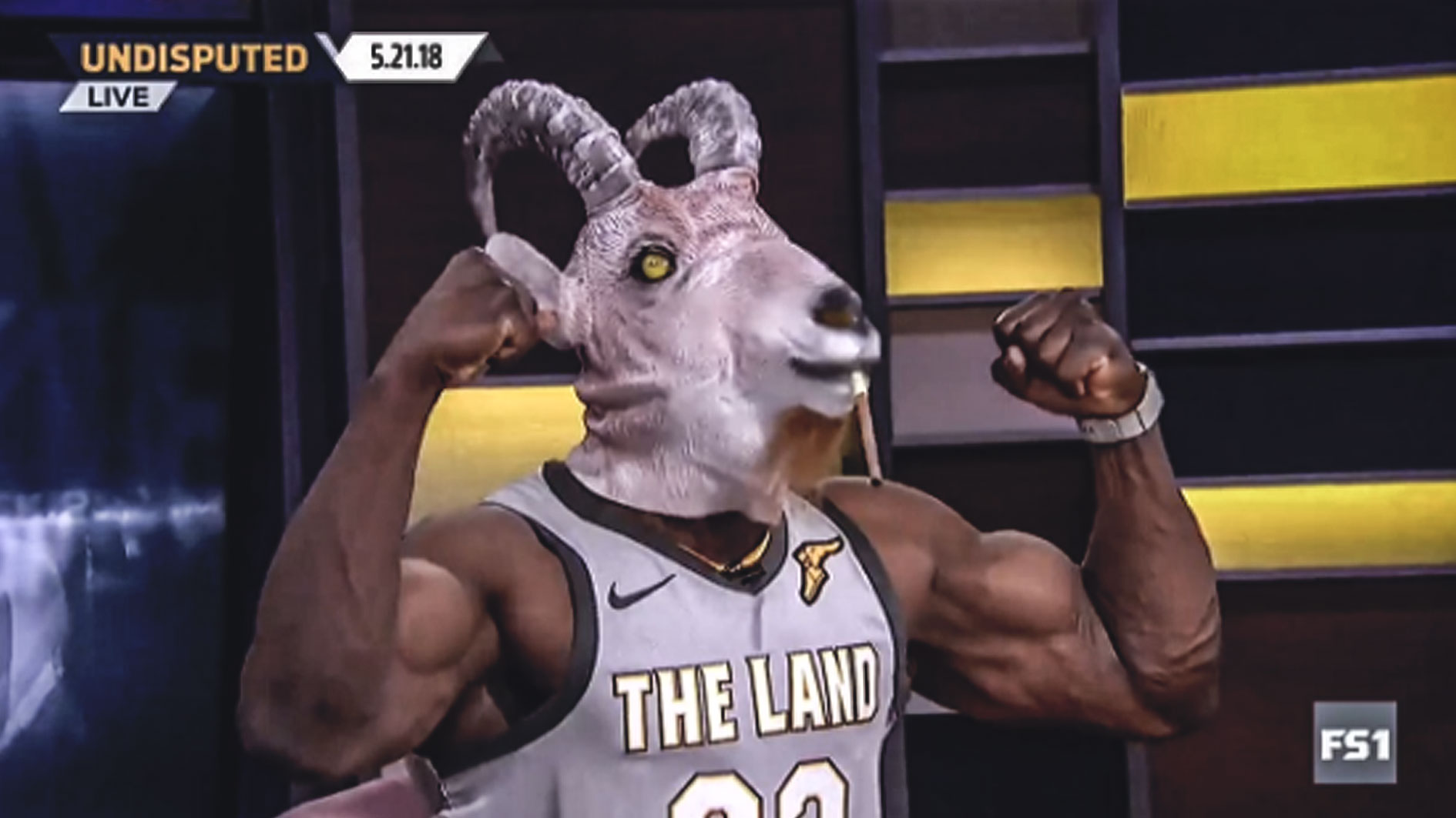 Shannon Sharpe dressed as GOAT James, with a LeBron jersey and a