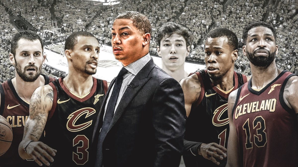 Tyronn Lue, Kevin Love, Tristan Thompson, Cedi Osman, George Hill, Rodney Hood