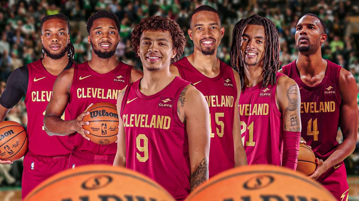 Cleveland Cavaliers forward Evan Mobley, forward Emoni Bates, forward Isaiah Mobley, guard Craig Porter Jr., guard Donovan Mitchell and guard Darius Garland.