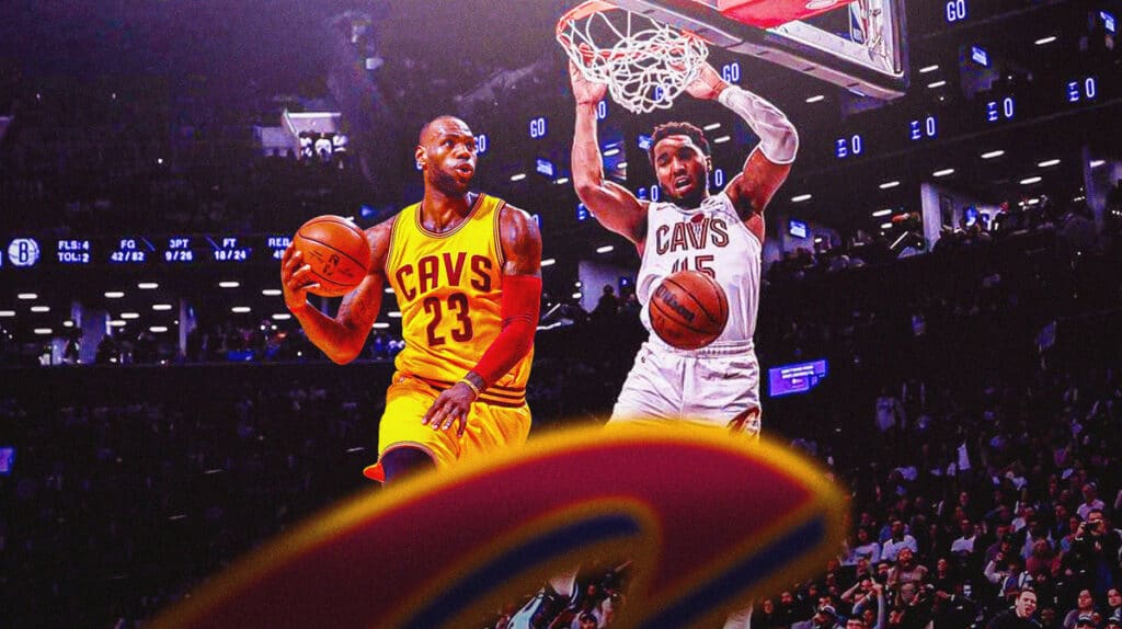 Cavs' Donovan Mitchell and Cavs' LeBron James dunking basketballs