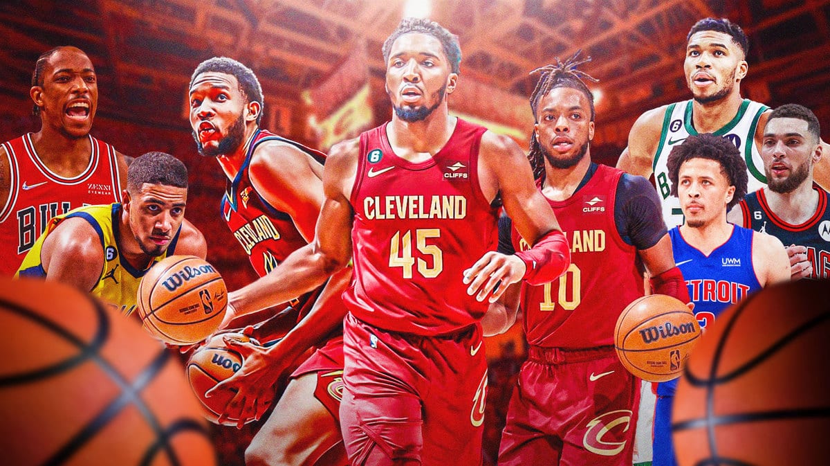 Cleveland Cavaliers guard Donovan Mitchell, Darius Garland and Evan Mobley in Rocket Mortgage Fieldhouse. Milwaukee Bucks forward Giannis Antetokounmpo, Chicago Bulls guard Zach LaVine, Detroit Pistons guard Cade Cunningham and Indiana Pacers point guard Tyrese Haliburton in the background.