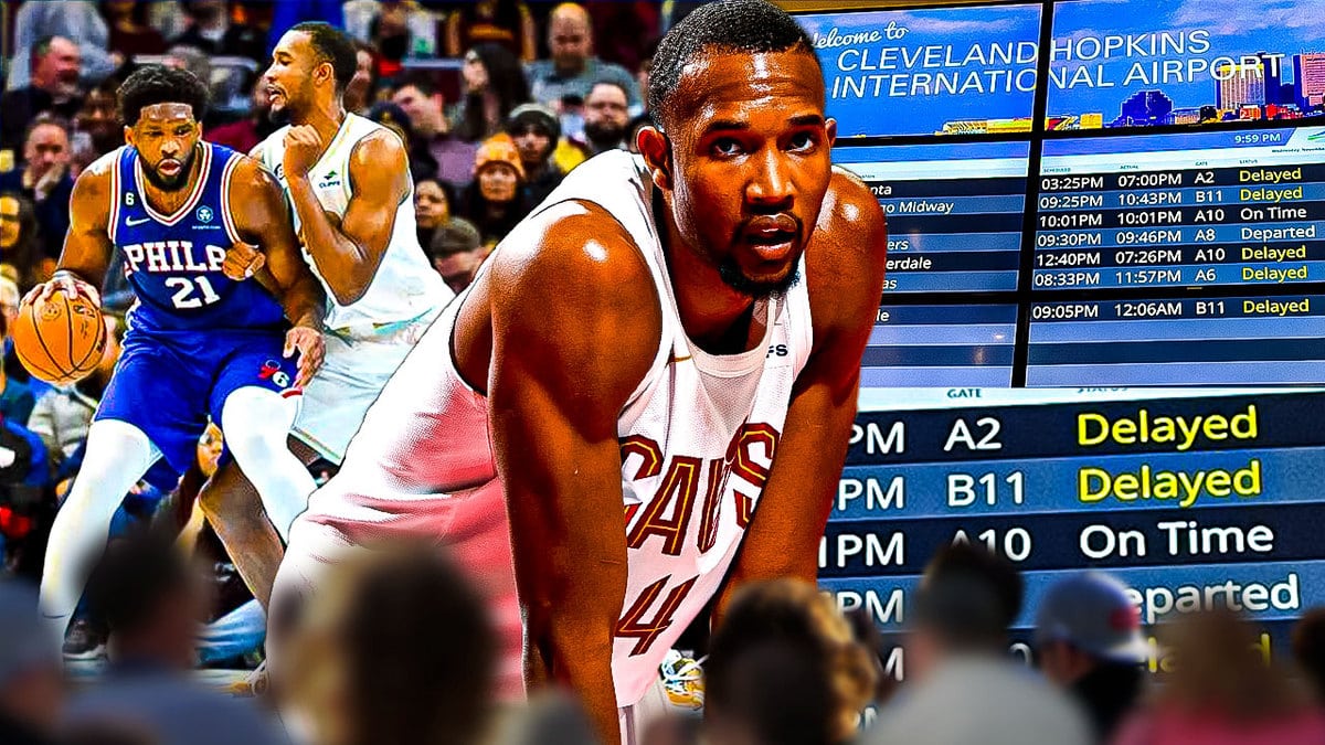 Cavs' Evan Mobley guarding Joel Embiid on the right (use a pic from November 21, 2023), with Mobley in the middle looking frustrated, and a pic on the left of delayed flight board in airport to Cleveland