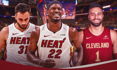 Jimmy Butler and Max Strus together with the Heat during the 2023 NBA Finals on the left, with Strus happy in a Cavs uni on the right