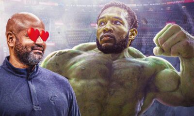 Photo: Evan Mobley as the Hulk, JB Bickerstaff looking at him with heart eyes coaching Cavs