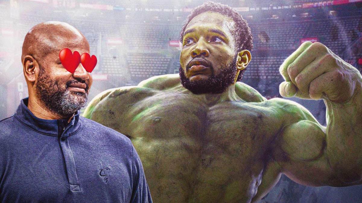 Photo: Evan Mobley as the Hulk, JB Bickerstaff looking at him with heart eyes coaching Cavs