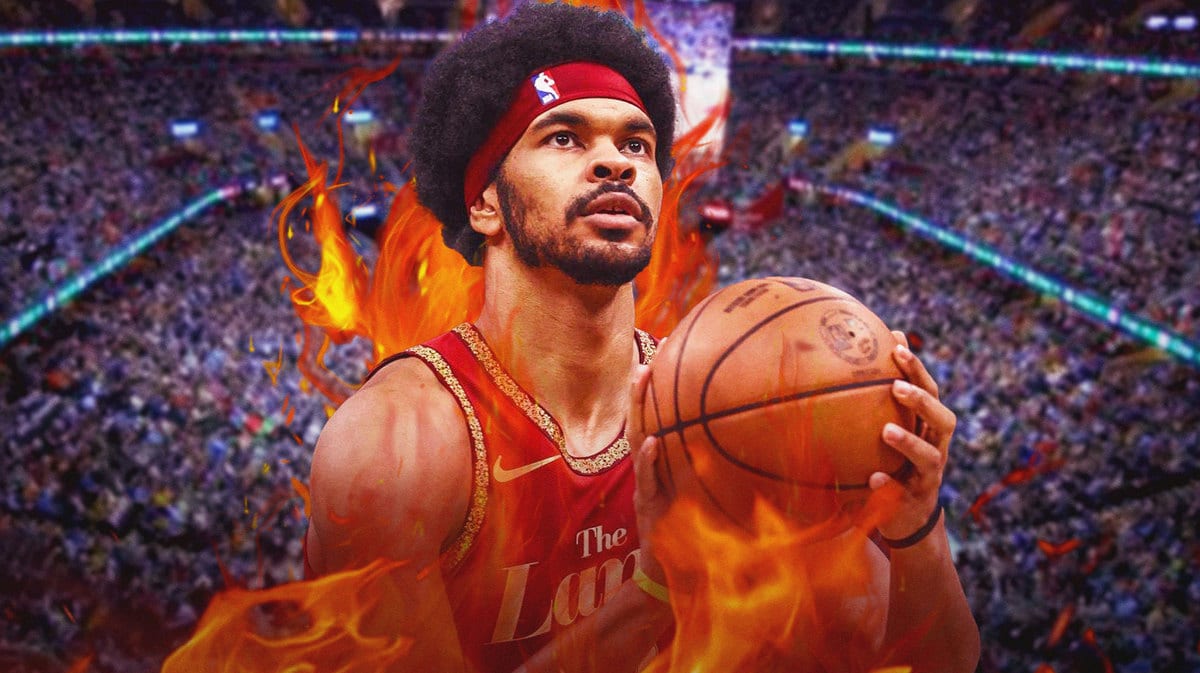 Action shot of Jarrett Allen of the Cavs on fire