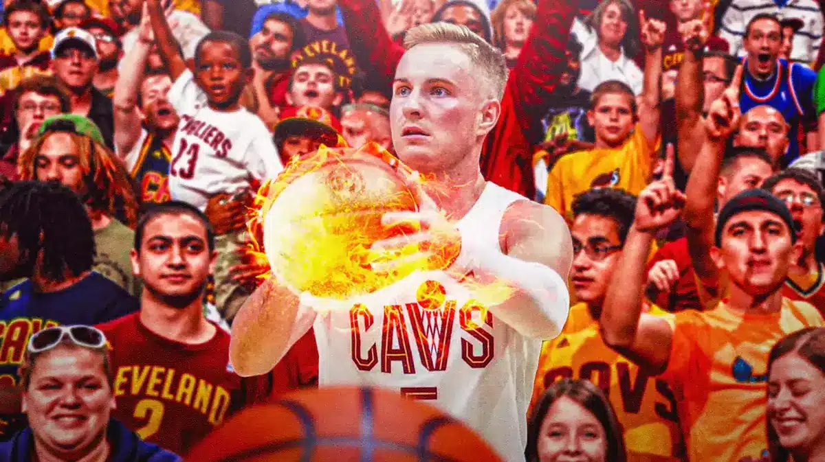 Photo: Sam Merrill shooting ball on fire in Cavs jersey, screaming Cavs fans in background