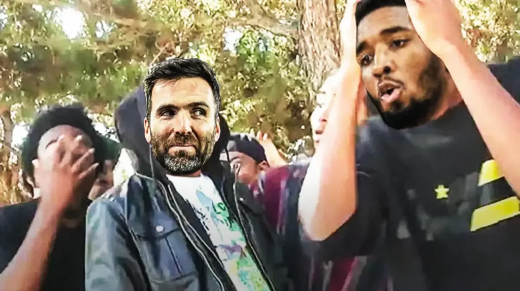 Joe Flacco (Browns) as the guy in the hoodie and Donovan Mitchell (Cavs) as the guy in right with hands on head