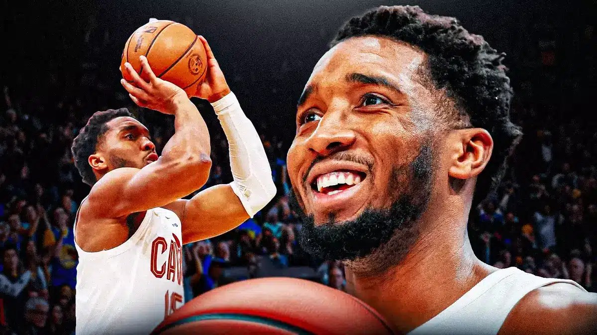 Cavs' Donovan Mitchell smiling in front. In background, Cavs' Donovan Mitchell shooting a basketball.