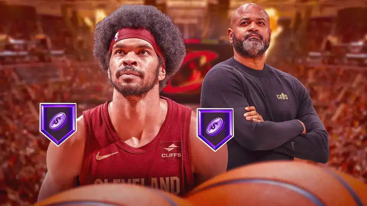 Cavs' Jarrett Allen and JB Bickerstaff smiling, with the 2K HOF Dimer badge around Jarrett Allen