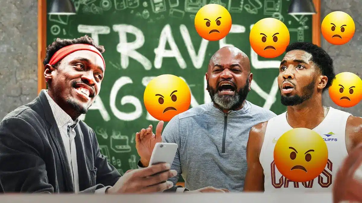 Raptors' Pascal Siakam as an agent for a travel agency , with Cavs' JB Bickerstaff and Donovan Mitchell looking angry, with angry emojis around them