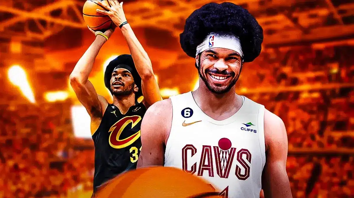 Cavs' Jarrett Allen smiling in front. In background, Cavs' Jarrett Allen shooting a basketball.