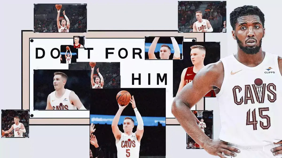 Cavs' Donovan Mitchell in the Do it for Him meme, with pictures of Sam Merrill on the empty spaces