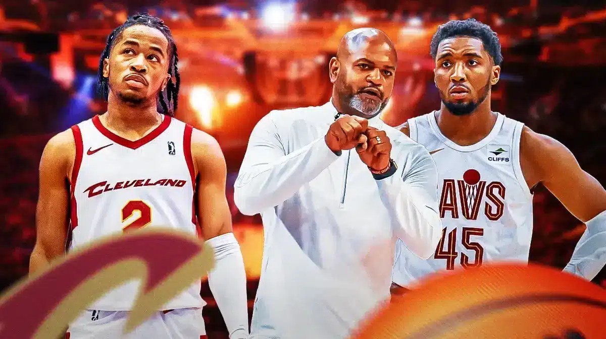 Cavs coach Jb Bickerstaff and Donovan Mitchell with Sharife Cooper looking.