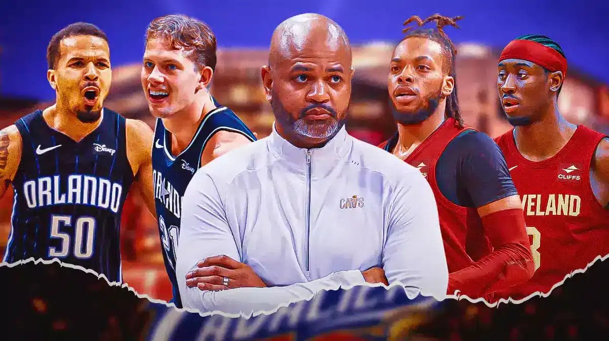 Cavs' JB Bickerstaff, Darius Garland and Caris LeVert with Magic's Cole Anthony and Mo Wagner