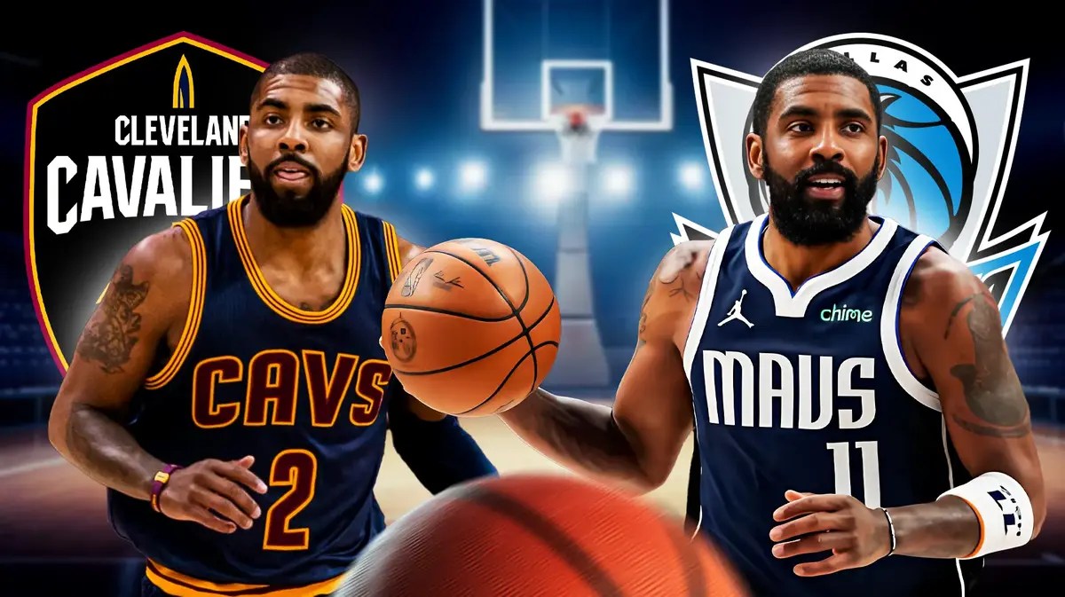 Two images of Kyrie Irving: one in Cavs uniform and one in Mavericks uniform