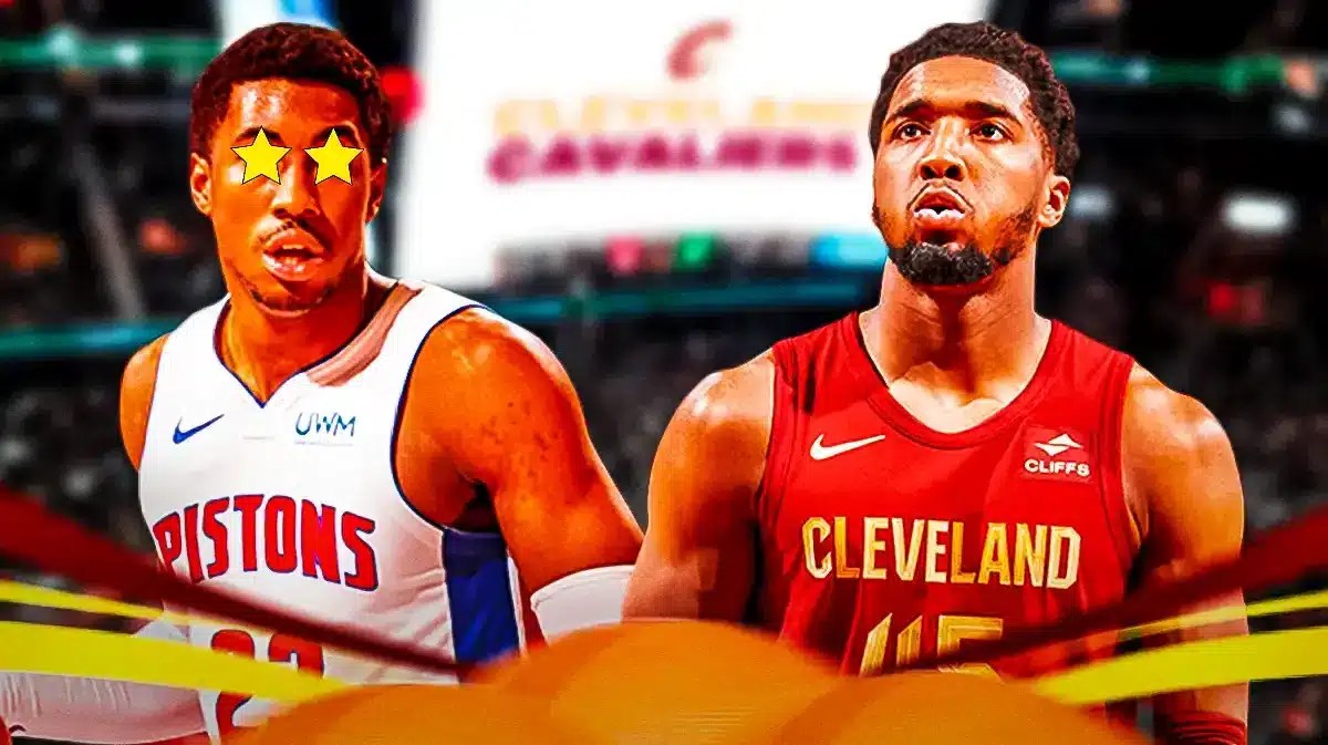 Donovan Mitchell on one side, Jaden Ivey on the other side with stars in his eyes