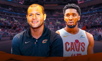 Koby Altman and Donovan Mitchell with the Cavs arena in the background, trade deadline