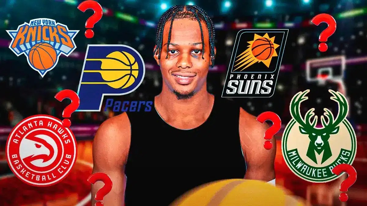 Cavs' Isaac Okoro in a blank uniform, with the Knicks, Hawks, Pacers, Suns and Bucks logos and question marks all over Okoro