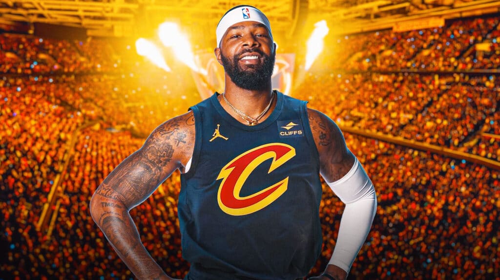 Marcus Morris in a Cavs jersey with the Cavs arena in the background, contract
