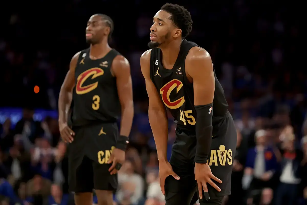Cleveland Cavaliers guards Donovan Mitchell (45) and Caris LeVert (3) react during the fourth quarter of game three of the 2023 NBA playoffs against the New York Knicks at Madison Square Garden.
