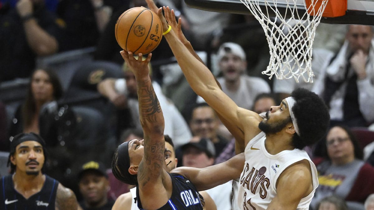Cleveland Cavaliers center Jarrett Allen (31) blocks a shot by Orlando Magic forward Paolo Banchero (5) in the fourth quarter during game two of the first round of the 2024 NBA playoffs at Rocket Mortgage FieldHouse