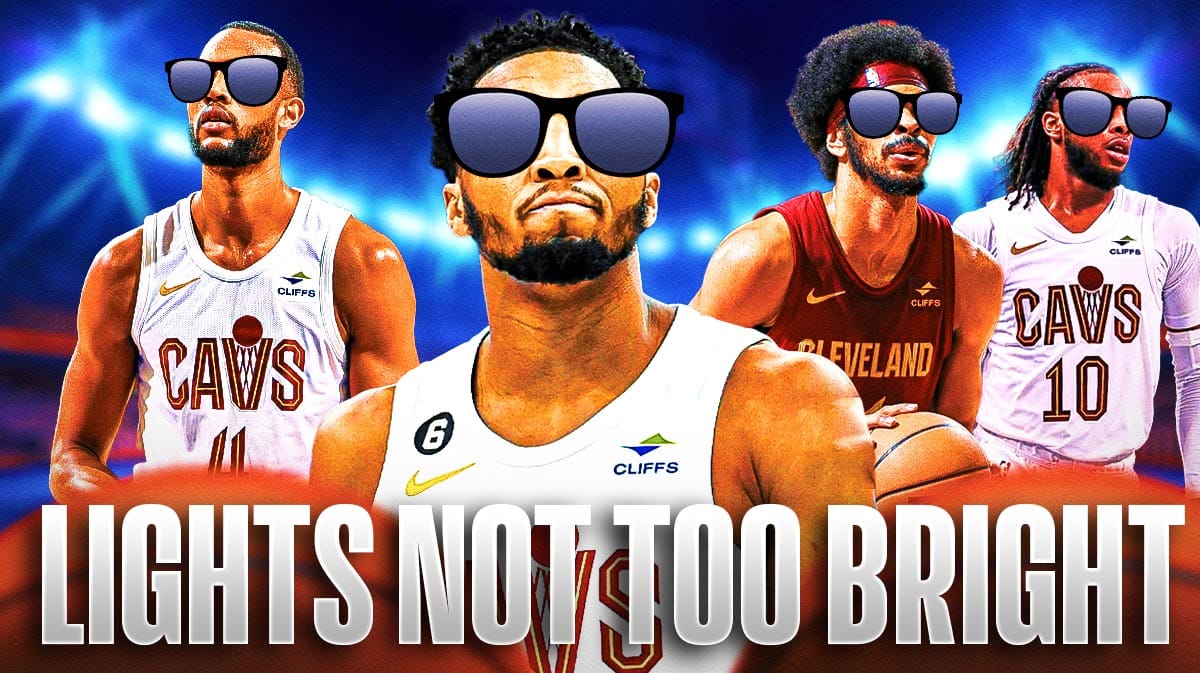 Cavs' Donovan Mitchell, Jarrett Allen, Evan Mobley, and Darius Garland all wearing shades, with caption below: LIGHTS NOT TOO BRIGHT