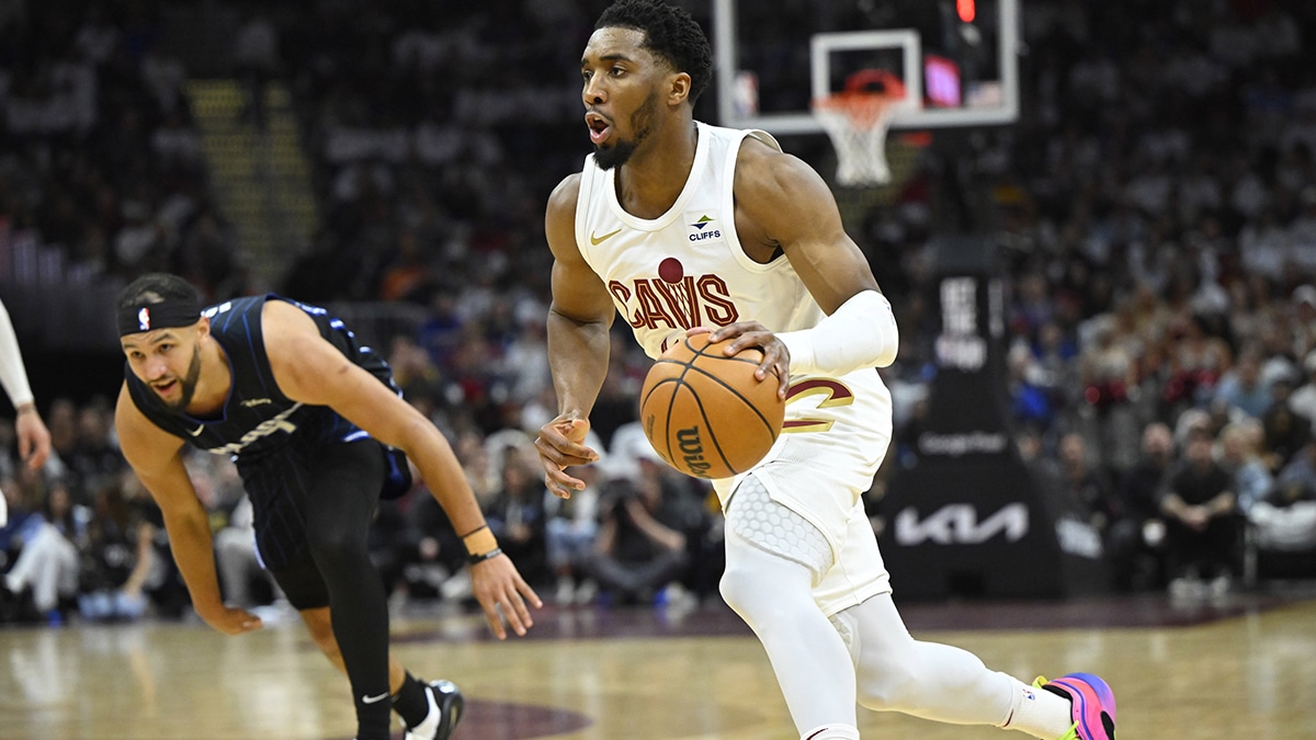 Apr 20, 2024; Cleveland, Ohio, USA; Cleveland Cavaliers guard Donovan Mitchell (45) dribbles the ball in the second quarter against the Orlando Magic during game one of the first round for the 2024 NBA playoffs at Rocket Mortgage FieldHouse. Mandatory Credit: David Richard-USA TODAY Sports
