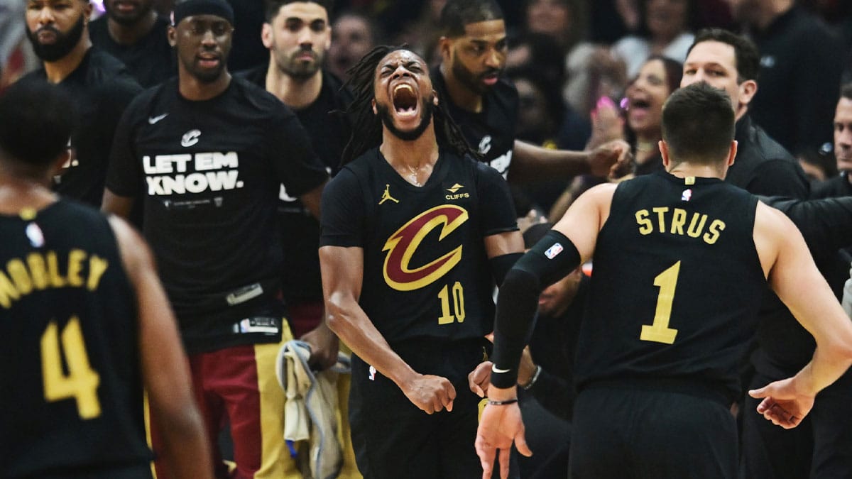Cleveland Cavaliers guard Darius Garland (10) reacts after a basket during the first quarter against the Orlando Magic in game five of the first round for the 2024 NBA playoffs at Rocket Mortgage FieldHouse