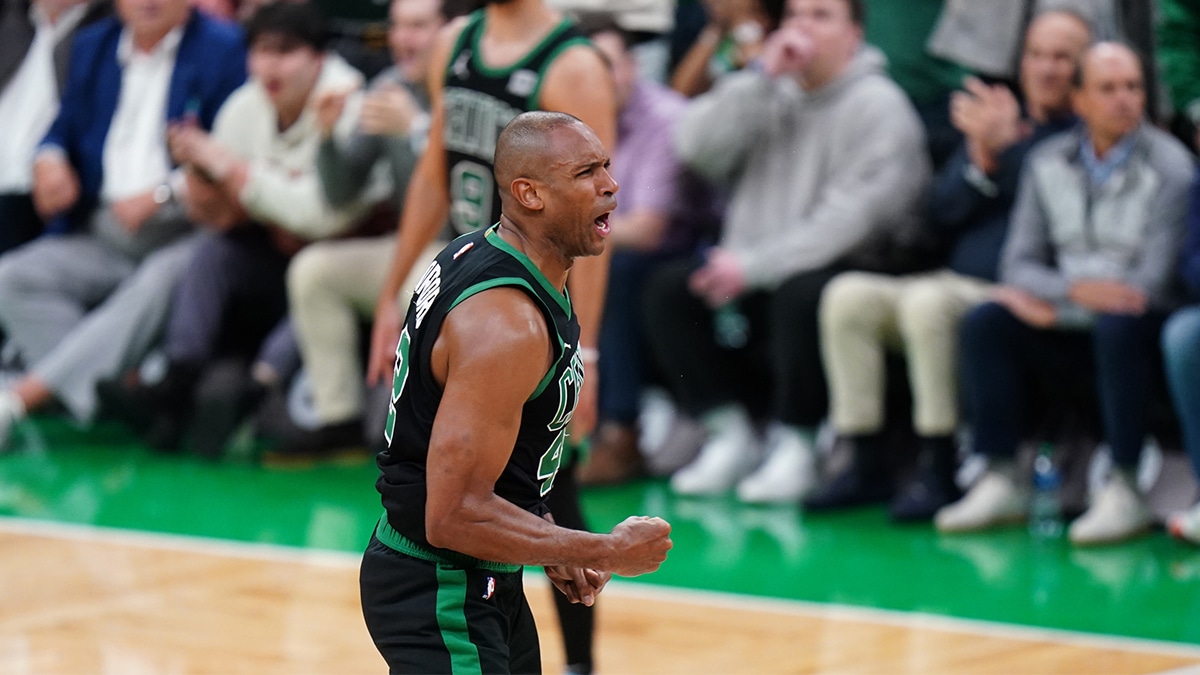 May 15, 2024; Boston, Massachusetts, USA; Boston Celtics center Al Horford (42) reacts after his three point basket against the Cleveland Cavaliers in the fourth quarter during game five of the second round for the 2024 NBA playoffs at TD Garden. Mandatory Credit: David Butler II-USA TODAY Sports