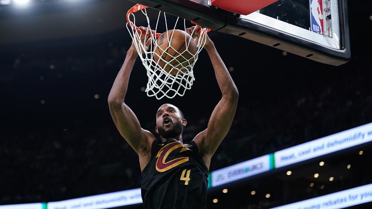 Cleveland Cavaliers forward Evan Mobley (4) makes the basket against the Boston Celtics in the first quarter during game two of the second round for the 2024 NBA playoffs at TD Garden.