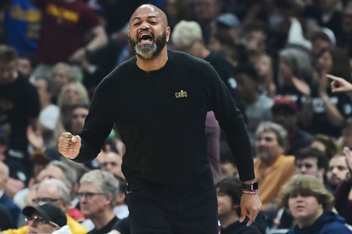 Cleveland Cavaliers head coach J.B. Bickerstaff reacts during the first quarter of game seven of the first round for the 2024 NBA playoffs against the Orlando Magic at Rocket Mortgage FieldHouse.