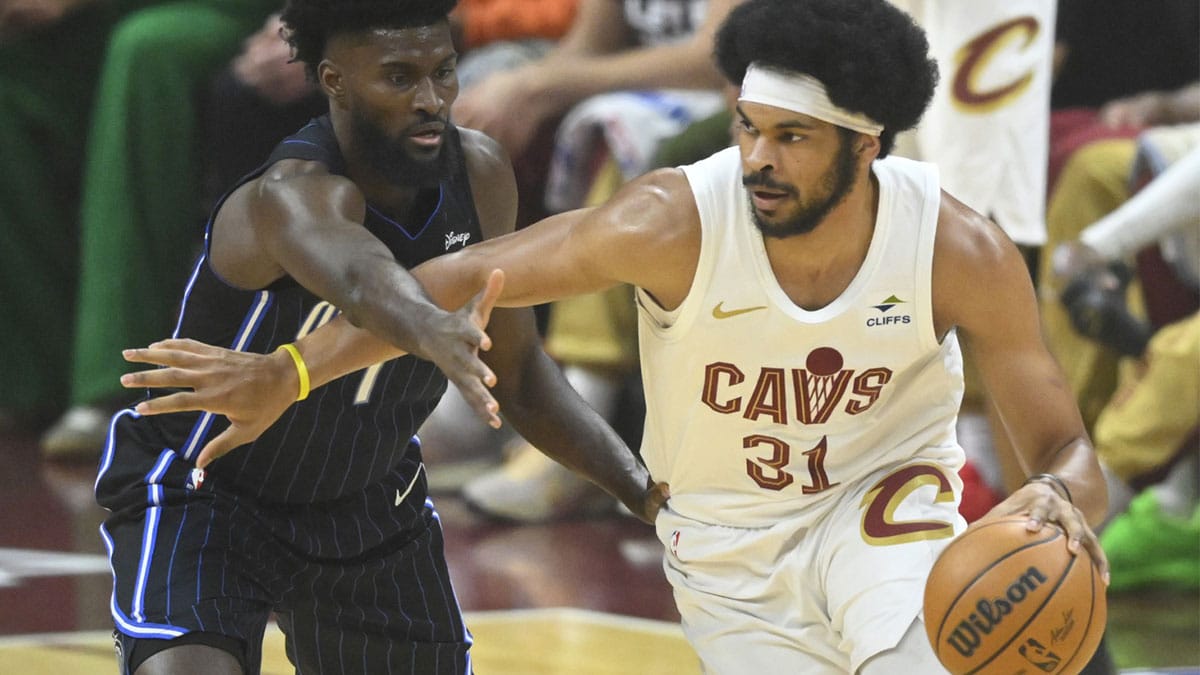 Orlando Magic forward Jonathan Isaac (1) defends Cleveland Cavaliers center Jarrett Allen (31) in the first quarter during game two of the first round of the 2024 NBA playoffs at Rocket Mortgage FieldHouse.