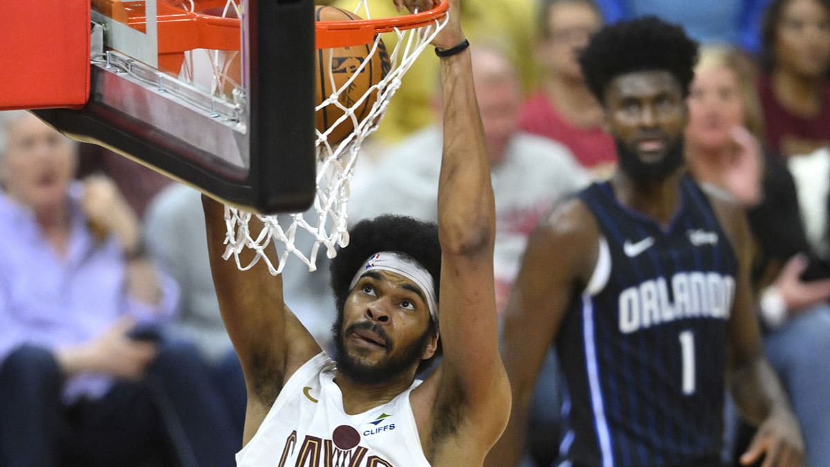 Cleveland Cavaliers center Jarrett Allen (31) dunks in the third quarter against the Orlando Magic during game one of the first round for the 2024 NBA playoffs at Rocket Mortgage FieldHouse.