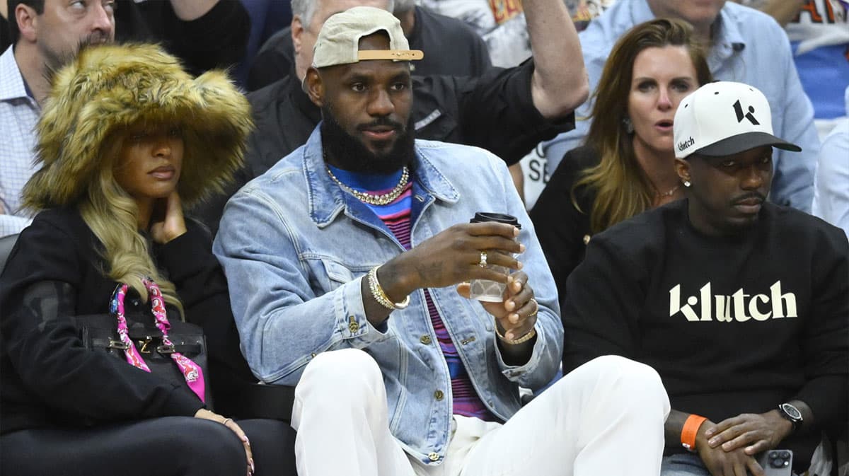 Savannah James, LeBron James and Rich Paul sit in the front in the fourth quarter of game four of the second round for the 2024 NBA playoffs between the Cleveland Cavaliers and the Boston Celtics at Rocket Mortgage FieldHouse.