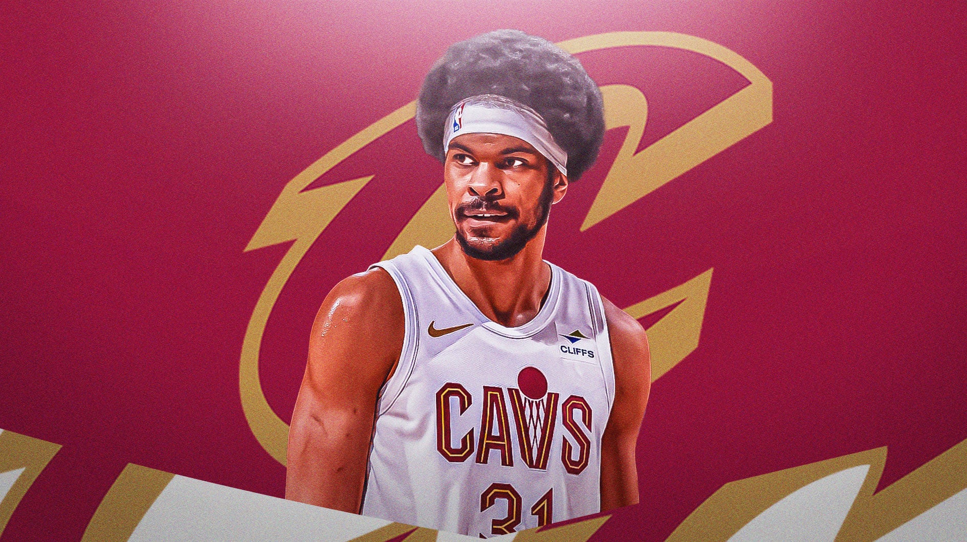 Jarrett Allen with the Cleveland Cavaliers logo behind him