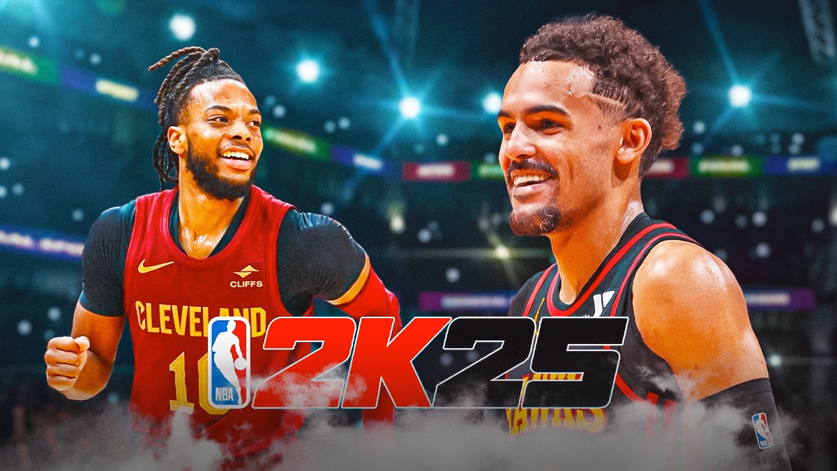 Cavs' Darius Garland and Hawks' Trae Young laughing, with NBA 2K25 logo beside them