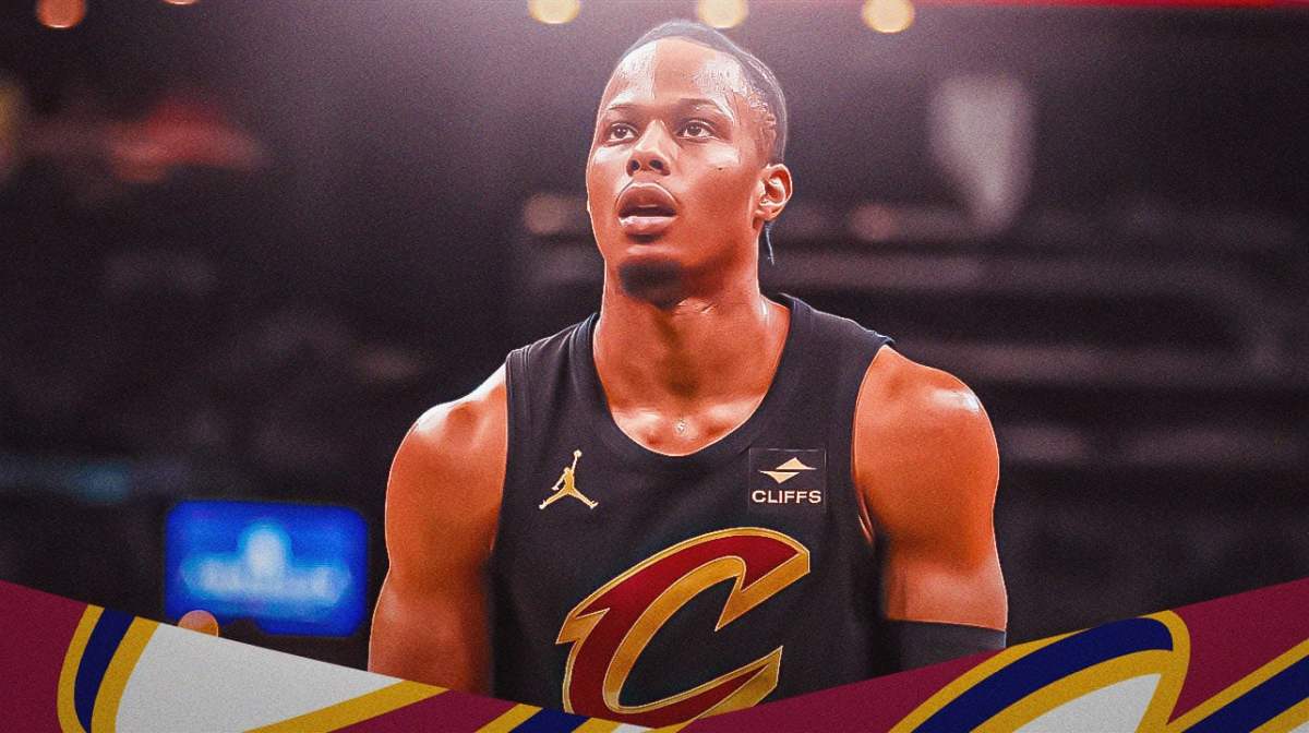 Thumb: Cleveland Cavaliers player Isaac Okoro with the Cavaliers arena in the background, trade