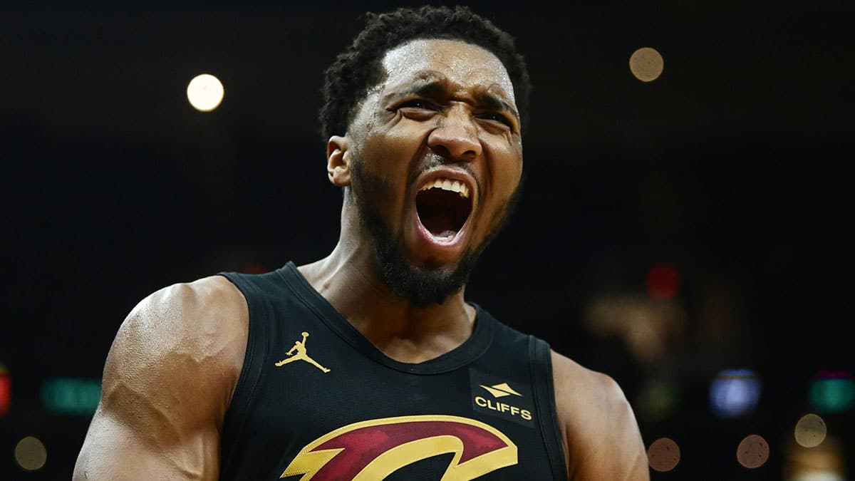 Cleveland Cavaliers guard Donovan Mitchell (45) reacts after a basket during the second half against the Orlando Magic in game seven of the first round for the 2024 NBA playoffs at Rocket Mortgage FieldHouse. 