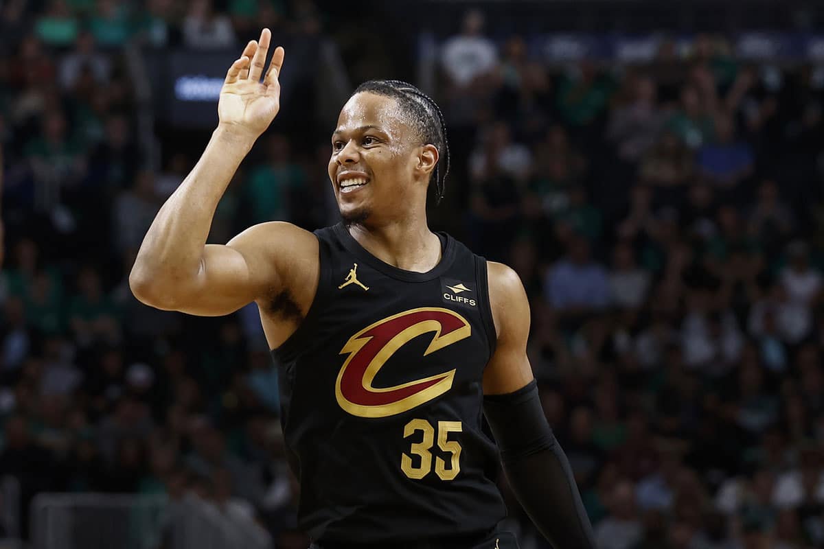 Cleveland Cavaliers forward Isaac Okoro (35) grimaces after missing a shot against the Boston Celtics during the second quarter of game one of the second round of the 2024 NBA playoffs at TD Garden.