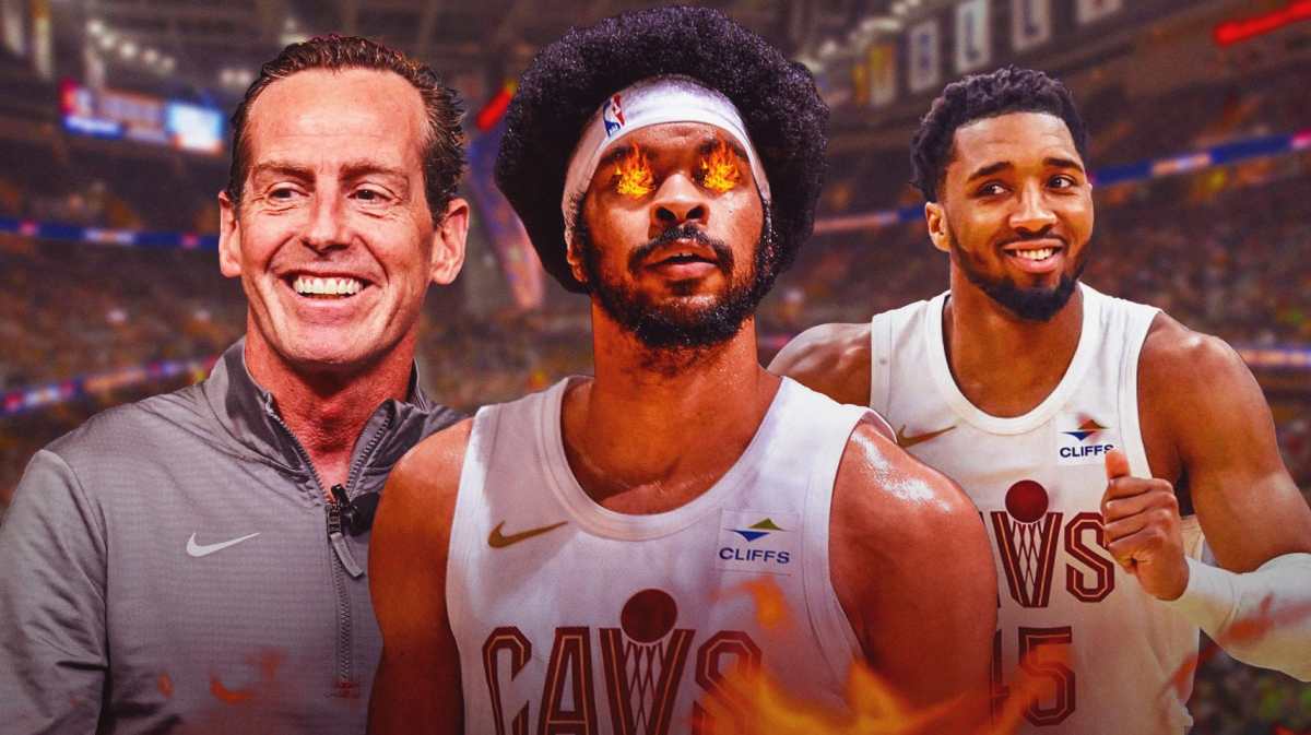 Cavs Jarrett Allen with Donovan Mitchell Evan Mobley and Kenny Atkinson