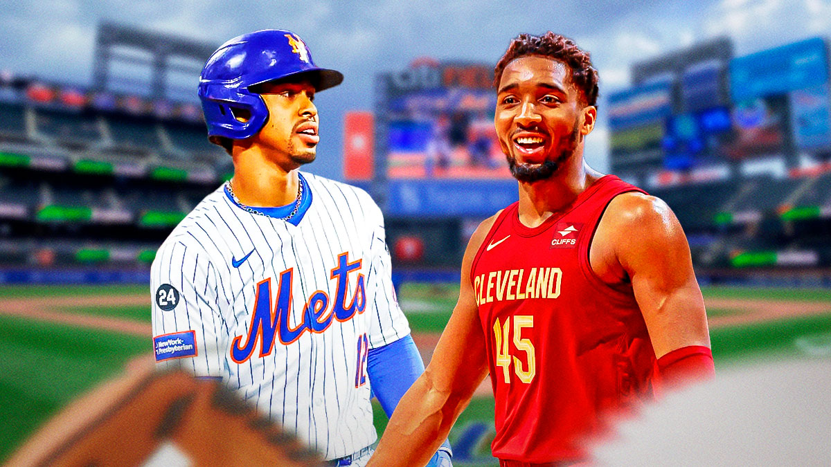 Cavs star Donovan Mitchell smiling next to Mets' Francisco Lindor with a baseball field in the background