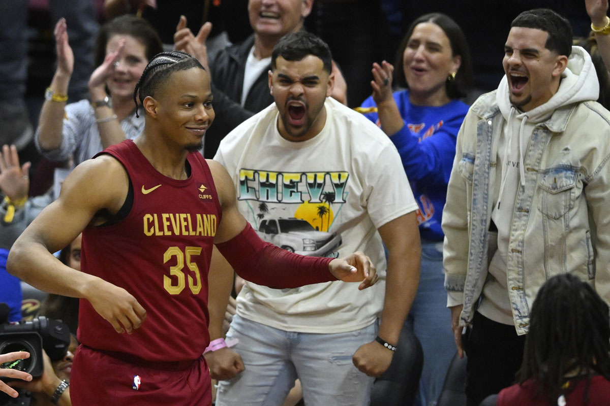 Cavaliers forward Isaac Okoro (35) reacts after scoring in the fourth quarter against the Indiana Pacers at Rocket Mortgage FieldHouse. 