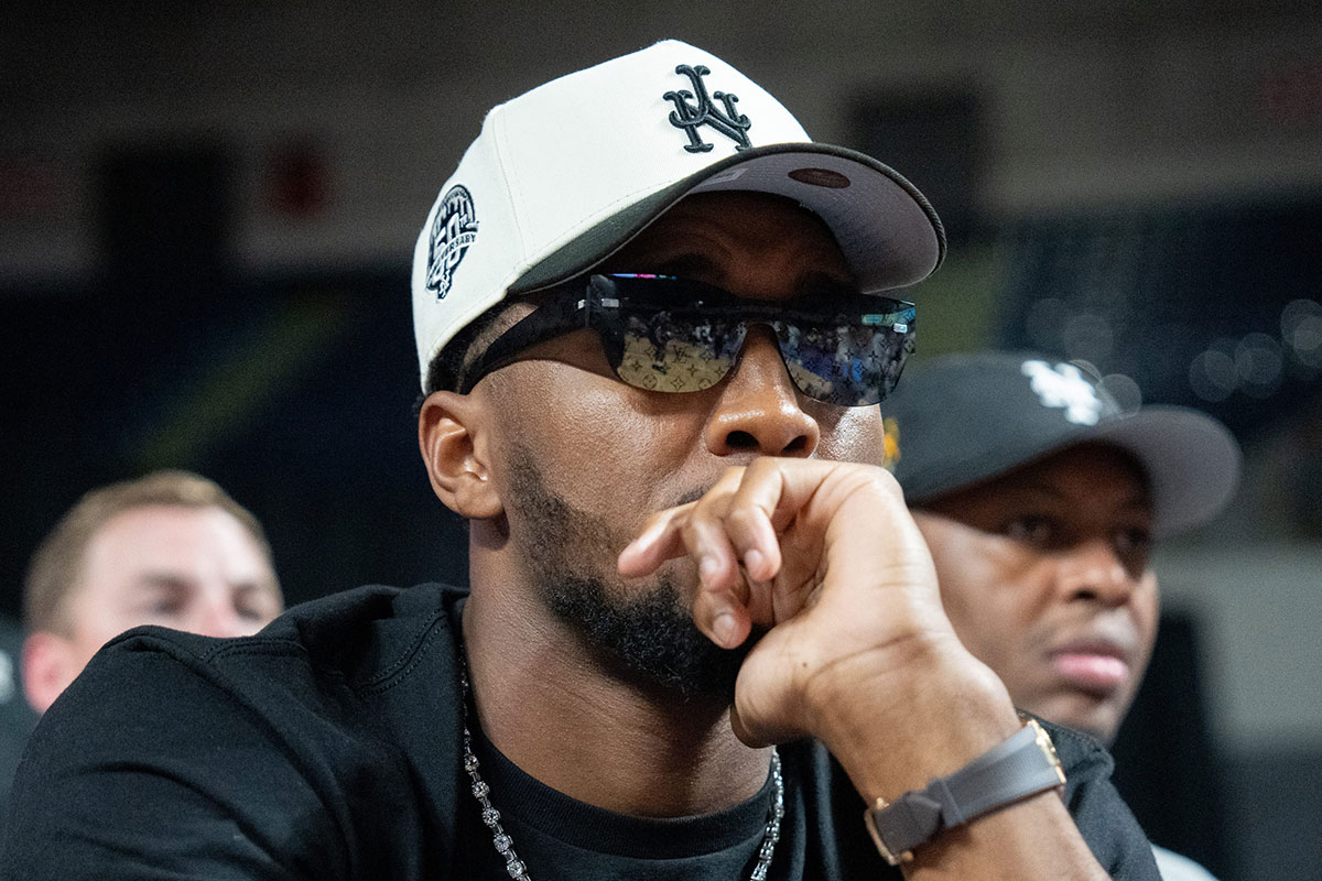 Donovan Mitchell watches The Ville during their game against Sideline Cancer on Monday, July 22, 2024 in Louisville, Ky. at Freedom Hall during the second round of The Basketball Tournament