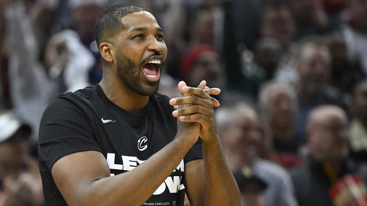 Cleveland Cavaliers center Tristan Thompson (13) reacts in the second quarter against the Orlando Magic during game one of the first round for the 2024 NBA playoffs at Rocket Mortgage FieldHouse. 