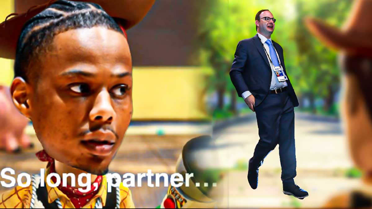 Cavs' Isaac Okoro as Woody in the so long partner meme, while looking at ESPN's Adrian Wojnarowski in the background