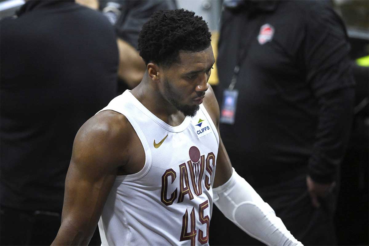 Cleveland Cavaliers guard Donovan Mitchell (45) walks to the locker room late in the fourth quarter against the Boston Celtics in game three of the second round of the 2024 NBA playoffs at Rocket Mortgage FieldHouse.