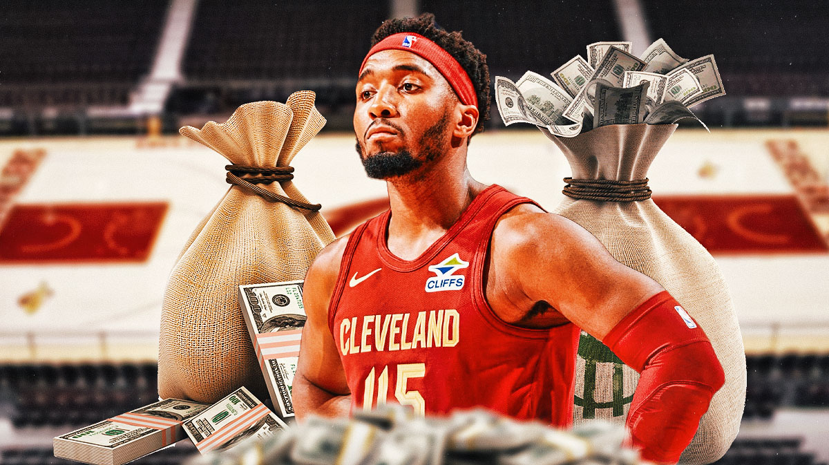 Cavs guard Donovan Mitchell contract extension next to bags of cash & the Cavs logo with the arena in the background